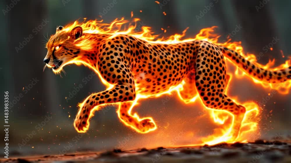 Animation of a cheetah whose body is made of fire particles running fast in the air
