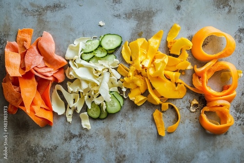 An overhead shot of various vegetable peels and cucumber slices arranged on a gray surface