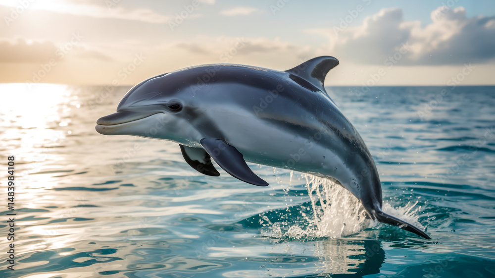 Fototapeta premium A dynamic photograph of a bottlenose dolphin leaping from blue ocean waters