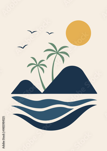 minimalist and geometric beach illustration, flat design. beige background, blue green yellow colors. the sea, waves, trees, seagulls. artprint