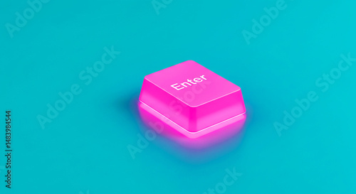 A pink enter keycap on a blue background in a studio shot with soft lighting and a minimalist design