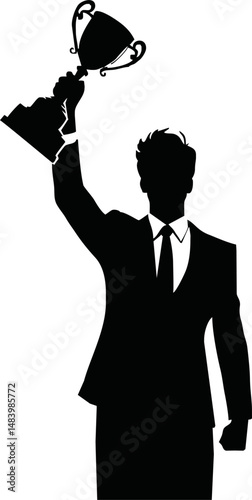 Vector silhouette of a successful businessman holding a trophy high, victory pose, corporate achievement theme, minimal black and white vector, for business success concept