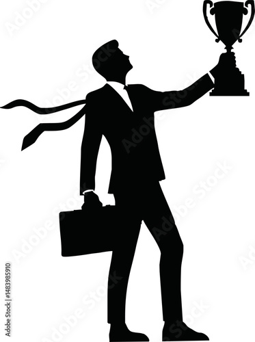 Vector silhouette of a successful businessman holding a trophy high, victory pose, corporate achievement theme, minimal black and white vector, for business success concept