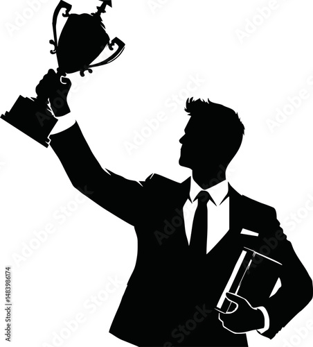 Vector silhouette of a successful businessman holding a trophy high, victory pose, corporate achievement theme, minimal black and white vector, for business success concept