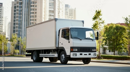 A white delivery truck parked on a city street with buildings and trees in the background during daytime