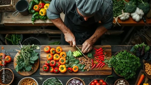 Chef prepping vegetables with kitchen overhead.