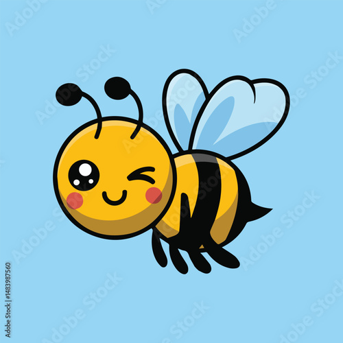 Adorable kawaii bee cartoon winking with red cheeks, flying on light blue background. Cute yellow insect with black stripes and blue-tinted wings, perfect for kids art