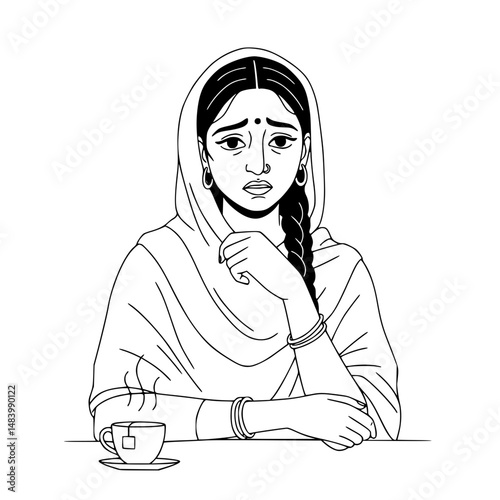 Anxious South Asian woman looking thoughtful while sitting at a table with a tea cup Simple Vector Outline in minimalistic black and white design 