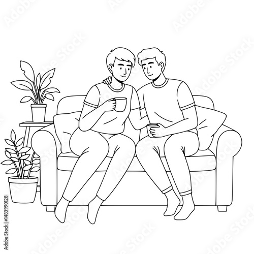 Transgender couple at home sitting together on a couch, sharing a warm moment Simple Vector Outline in minimalistic black and white design 