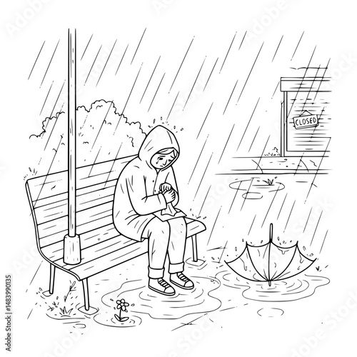 Sad person in rainy weather sitting alone on a bench  with an umbrella nearby Simple Vector Outline in minimalistic black and white design