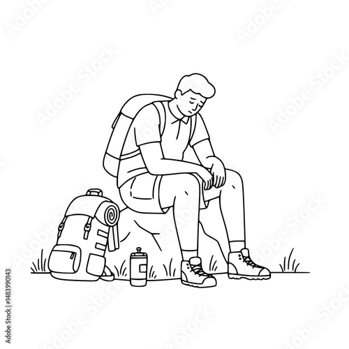Young Tired hiker resting sitting on rock with backpack and water bottle in nature Simple Vector Outline in minimalistic black and white design 