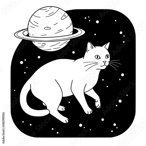 Cartoon cat floating in space with Saturn Simple Vector Outline in minimalistic black and white design