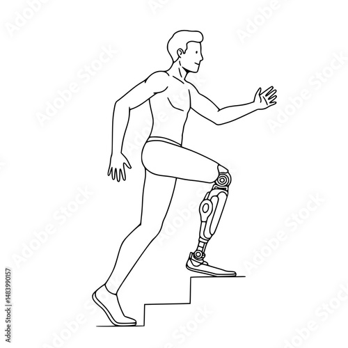 Disabled man using prosthetic leg while climbing stairs Simple Vector Outline in minimalistic black and white design