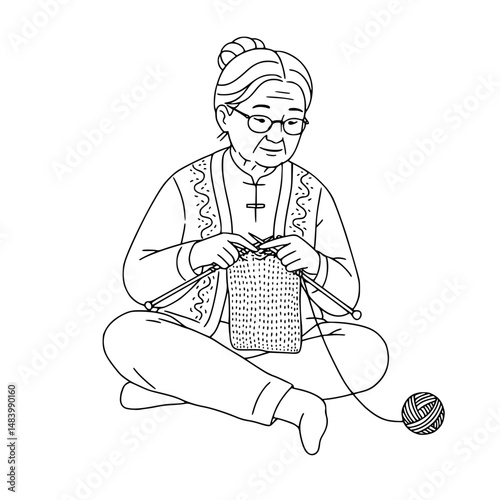 Elderly Asian woman knitting while sitting on the floor at home Simple Vector Outline in minimalistic black and white design 