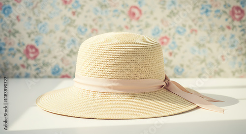 One straw sunhat with ribbon, isolated on vintage floral background