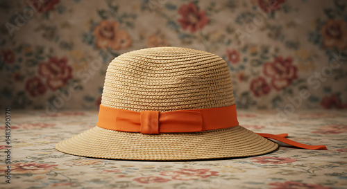 One straw sunhat with ribbon, isolated on vintage floral background