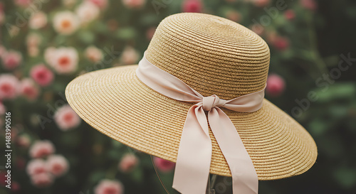 One straw sunhat with ribbon, isolated on vintage floral background