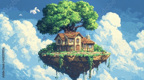 Pixelated haven: A charming house rests on a floating island amidst fluffy clouds