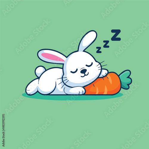 Cute minimalist cartoon of a white bunny with pink ears sleeping on an orange carrot. Set on mint green background with navy "Z" symbols, clean lines, and soft colors.