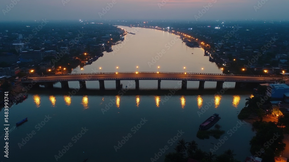 Fototapeta premium Night Lights River Bridge Panorama