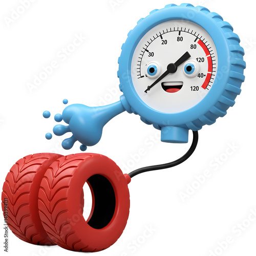 A blue and white cartoon tire gauge with a face is shown checking the pressure of two red tires, indicating automotive maintenance.
