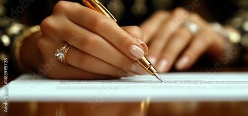 Elegant Hands Signing a Document with a Gold Pen