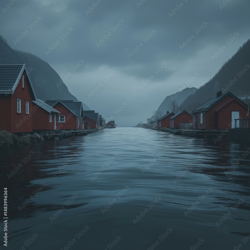 Obraz premium The calm fjord reflects the muted light of a cloudy day in Norway, showcasing the iconic red wooden houses lining the still waterway in a scenic landscape.