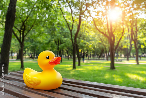 Bright Yellow Rubber Duck on Bench Surrounded by Lush Green Park and Sunlit Trees