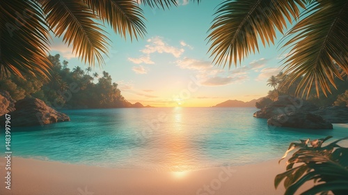 Fototapeta Naklejka Na Ścianę i Meble -  Tropical paradise beach at sunset with crystal clear turquoise water framed by palm trees creates a serene and relaxing vacation scene for coastal getaway lovers.
