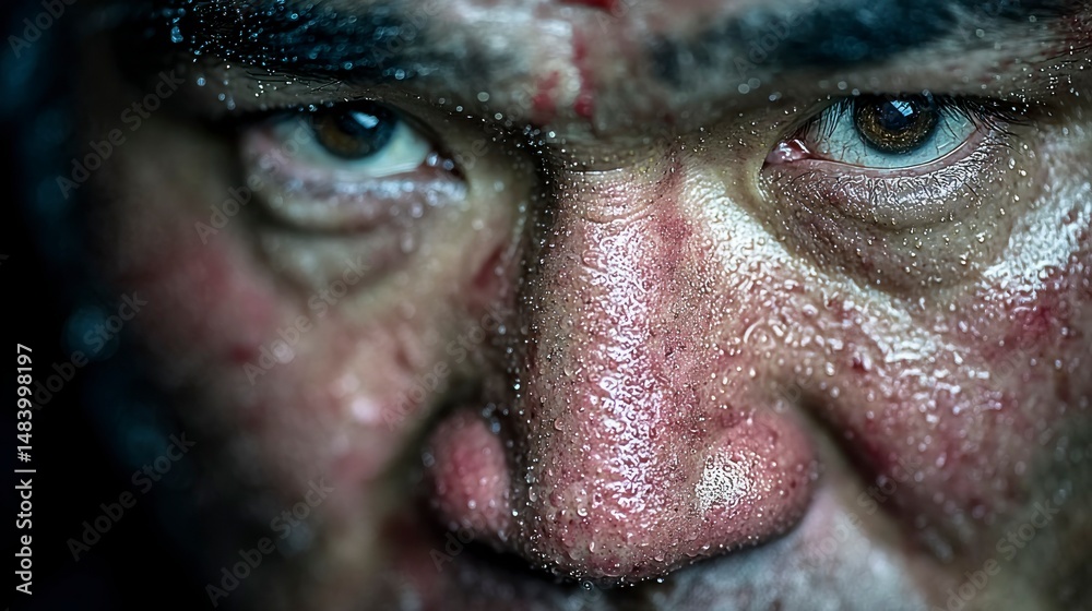 Intense CloseUp of a Sweating Face with Visible Strain and Determination Intense CloseUp of a Sweating Face with Visible Strain and Determination