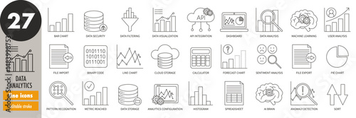 Data analytics - editable stroke thin line icons set. Data visualization, spreadsheet, pie chart, line chart, bar chart, dashboard, AI, machine learning, forecast, filtering, vector illustration