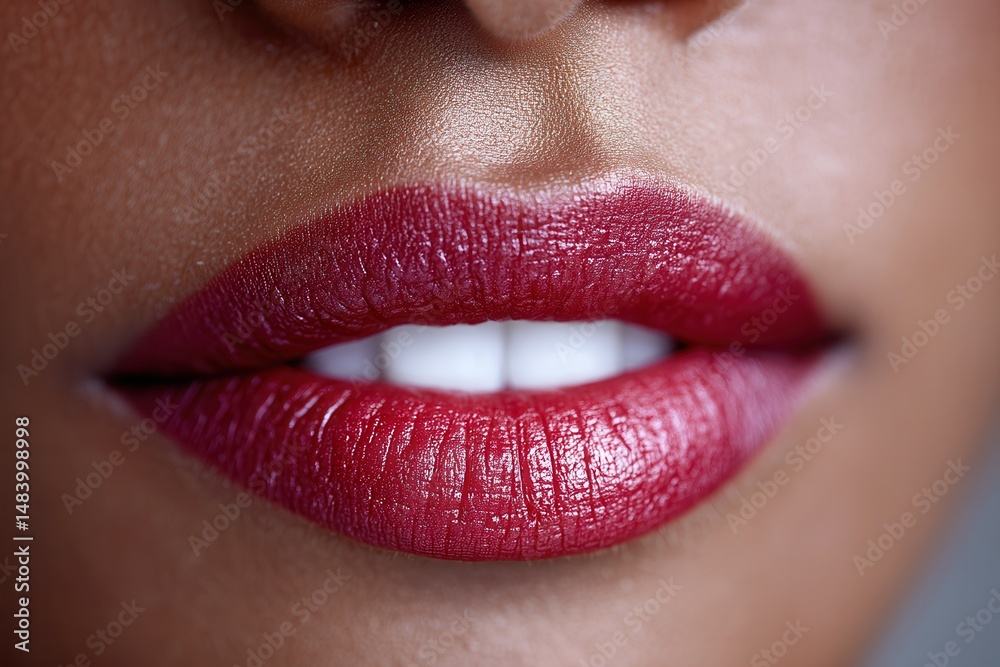 Fototapeta premium Close-up of lips with vibrant red-maroon lipstick