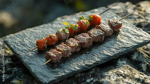 Pincho Moruno, Spanish Meat Skewer with perfectly grilled meats, skewered and arranged on a weathered stone plate photo