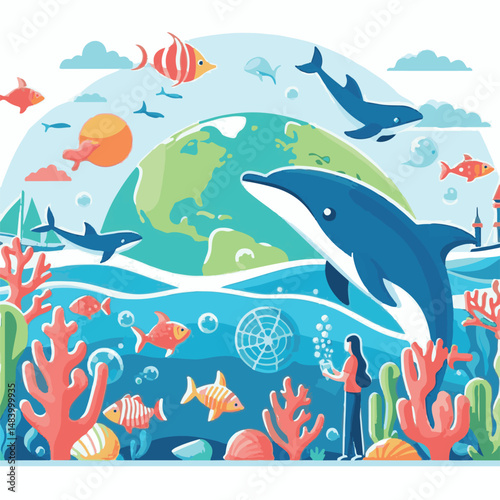 sea, water, nature, blue, environment, ocean, background, illustration, day, concept, world, fish, vector, underwater, design, banner, graphic, save, clean, environmental, aqua, poster, eco, life, ear