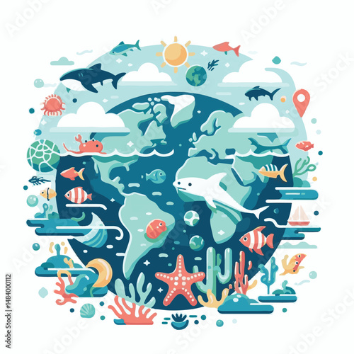 sea, water, nature, blue, environment, ocean, background, illustration, day, concept, world, fish, vector, underwater, design, banner, graphic, save, clean, environmental, aqua, poster, eco, life, ear