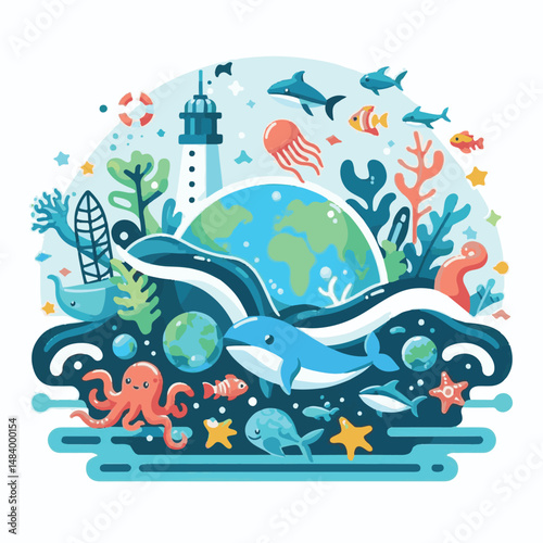 sea, water, nature, blue, environment, ocean, background, illustration, day, concept, world, fish, vector, underwater, design, banner, graphic, save, clean, environmental, aqua, poster, eco, life, ear