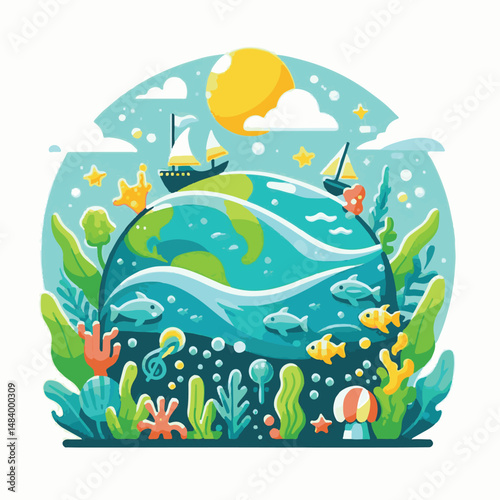sea, water, nature, blue, environment, ocean, background, illustration, day, concept, world, fish, vector, underwater, design, banner, graphic, save, clean, environmental, aqua, poster, eco, life, ear