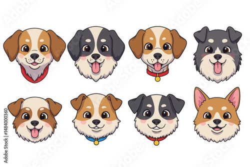 Cartoon Dog Faces Set Smiling with Different Fur Colors