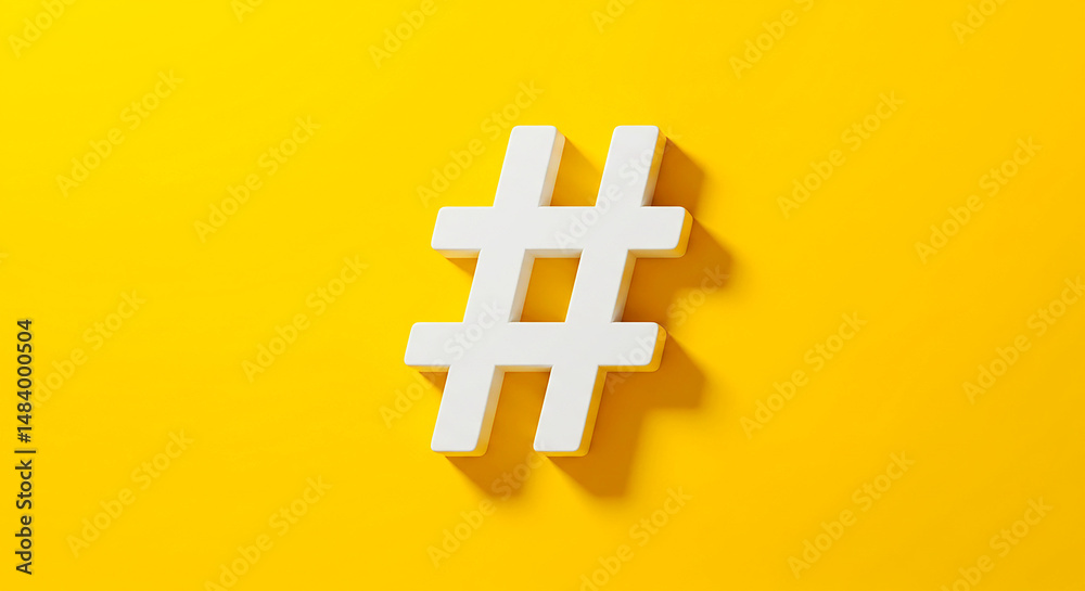 Obraz premium A white hashtag symbol casting a shadow on a bright yellow background in a simple studio shot