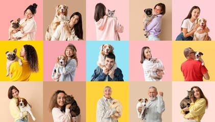 Group of happy owners with their domestic animals on color background
