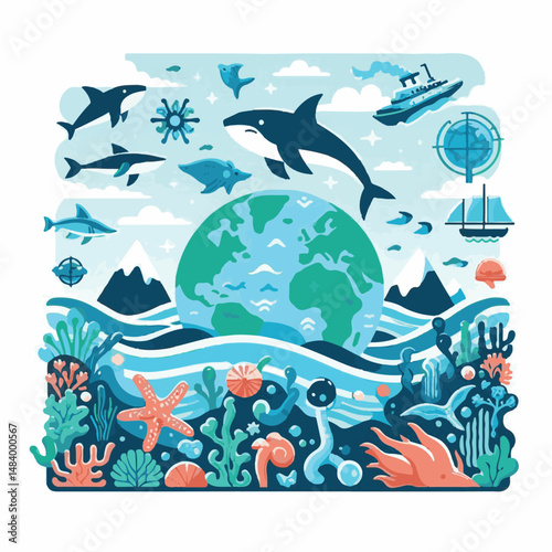 sea, water, nature, blue, environment, ocean, background, illustration, day, concept, world, fish, vector, underwater, design, banner, graphic, save, clean, environmental, aqua, poster, eco, life, ear