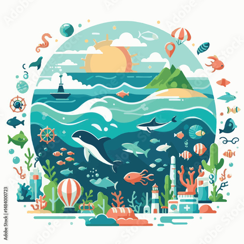sea, water, nature, blue, environment, ocean, background, illustration, day, concept, world, fish, vector, underwater, design, banner, graphic, save, clean, environmental, aqua, poster, eco, life, ear
