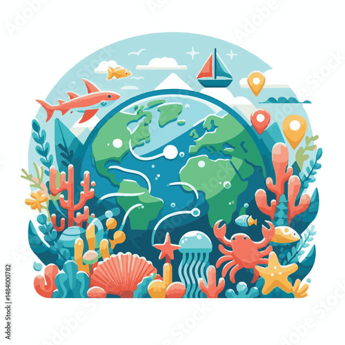 sea, water, nature, blue, environment, ocean, background, illustration, day, concept, world, fish, vector, underwater, design, banner, graphic, save, clean, environmental, aqua, poster, eco, life, ear