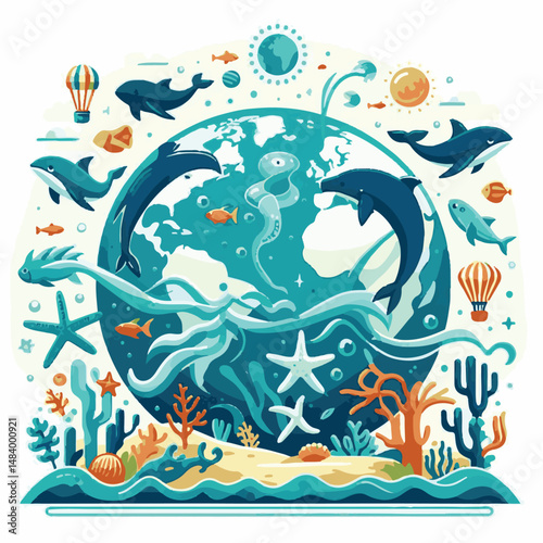 sea, water, nature, blue, environment, ocean, background, illustration, day, concept, world, fish, vector, underwater, design, banner, graphic, save, clean, environmental, aqua, poster, eco, life, ear