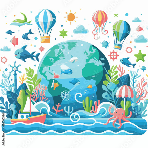 sea, water, nature, blue, environment, ocean, background, illustration, day, concept, world, fish, vector, underwater, design, banner, graphic, save, clean, environmental, aqua, poster, eco, life, ear