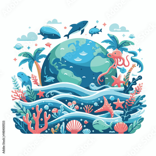 sea, water, nature, blue, environment, ocean, background, illustration, day, concept, world, fish, vector, underwater, design, banner, graphic, save, clean, environmental, aqua, poster, eco, life, ear