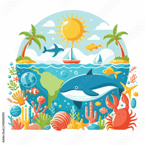 sea, water, nature, blue, environment, ocean, background, illustration, day, concept, world, fish, vector, underwater, design, banner, graphic, save, clean, environmental, aqua, poster, eco, life, ear