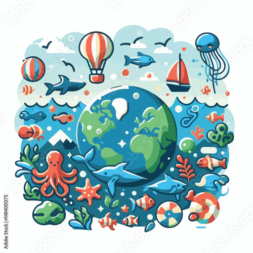 sea, water, nature, blue, environment, ocean, background, illustration, day, concept, world, fish, vector, underwater, design, banner, graphic, save, clean, environmental, aqua, poster, eco, life, ear