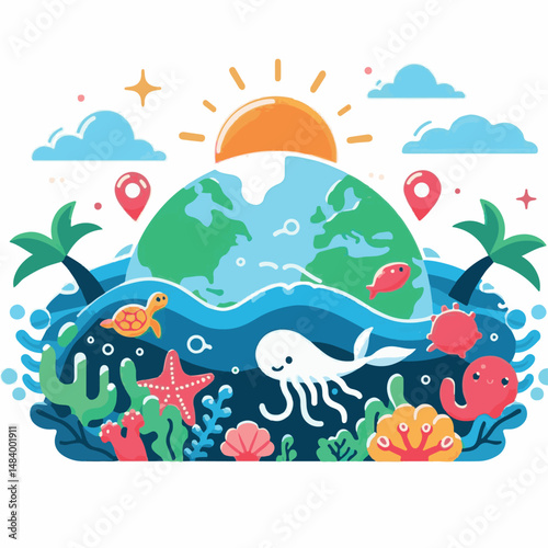 sea, water, nature, blue, environment, ocean, background, illustration, day, concept, world, fish, vector, underwater, design, banner, graphic, save, clean, environmental, aqua, poster, eco, life, ear