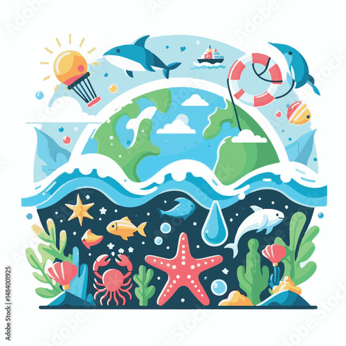 sea, water, nature, blue, environment, ocean, background, illustration, day, concept, world, fish, vector, underwater, design, banner, graphic, save, clean, environmental, aqua, poster, eco, life, ear